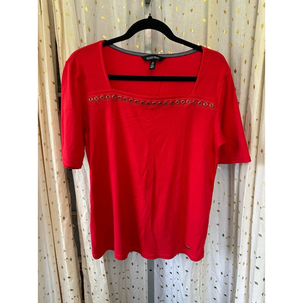 Ellen Tracy Women's 100% Cotton Square Neckline Metallic Grommet Accents Top L